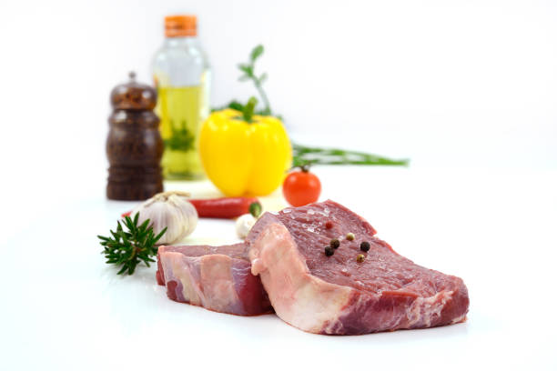Raw meat, beef steak isolated on white background (rib eye)