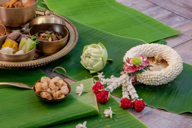 Photo of thailand northern food cuisine tradition on banana leaf background