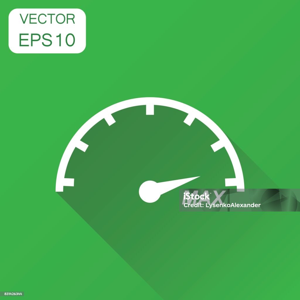 Speedometer, tachomete icon. Business concept max speed pictogram. Vector illustration on green background with long shadow. Speed Limit Sign stock vector