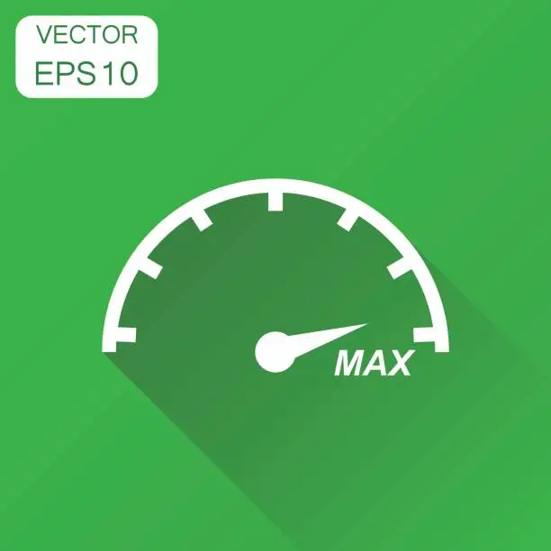 Vector illustration of Speedometer, tachomete icon. Business concept max speed pictogram. Vector illustration on green background with long shadow.
