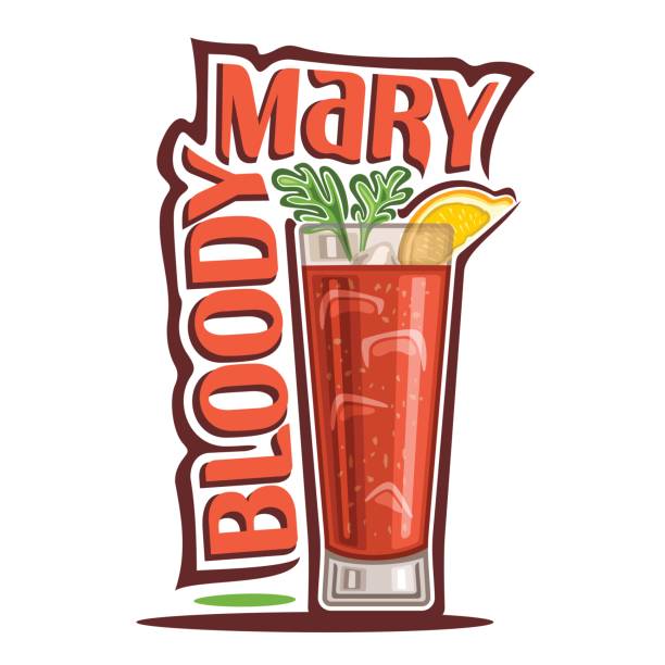 Cocktail Bloody Mary Vector illustration of alcohol Cocktail Bloody Mary: garnish of celery brunch and lemon slice on glass highball of vegetable cocktail, sign with red title - bloody mary, cubes of ice in tomato drink. bloody mary stock illustrations