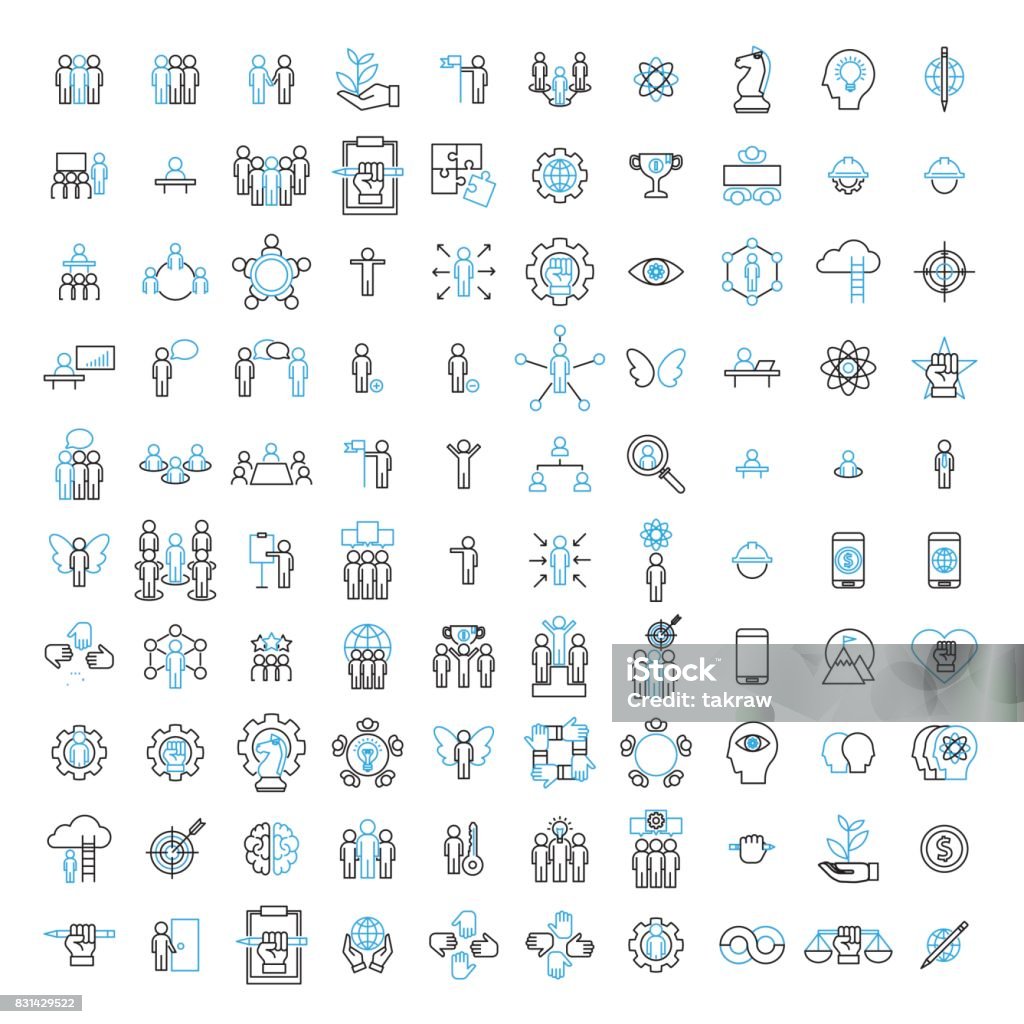 100 conjunto de iconos, personas, administración, estrategia y concepto de recursos humanos. Ilustración de vector de línea plana delgada moderna. - arte vectorial de Ícono libre de derechos