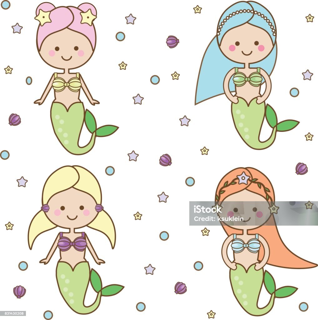 Cute mermaids characters. vector illustration Cute Mermaids characters in Cartoon Style. Fairy undine princesses. Stickers, kids vector illustration 2-3 Years stock vector