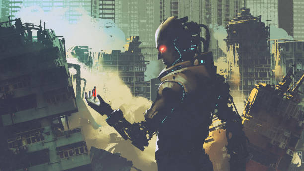 istock giant futuristic robot looking at woman on its hand 831433296