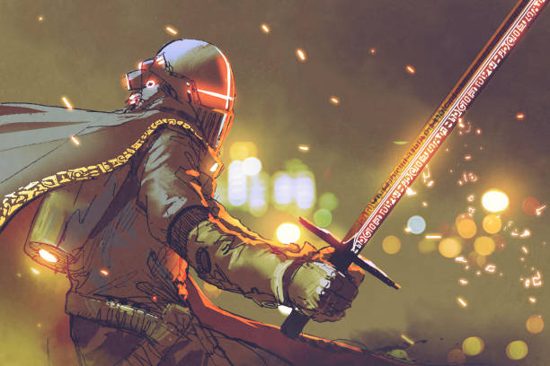 astro-knight in futuristic armor holding magic sword sci-fi character of astro-knight in futuristic armor holding magic sword, digital art style, illustration painting knights templar stock illustrations