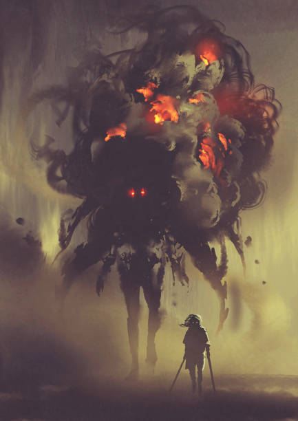 istock man holding twin swords standing with giant smoke monster 831481754