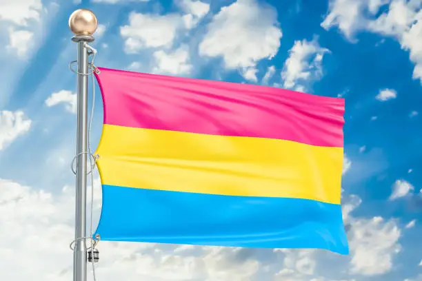 Photo of Pansexual pride flag waving in blue cloudy sky, 3D rendering