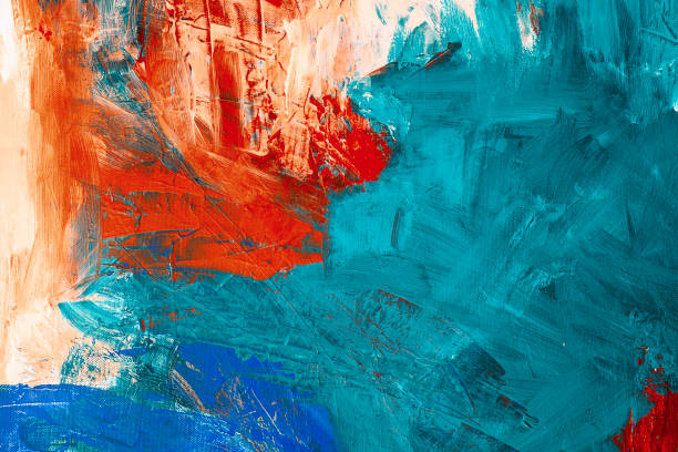 abstract painting with acrylic colors on canvas - horizontal blue turquoise painted image imagens e fotografias de stock