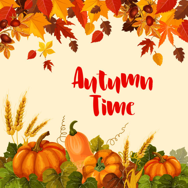 ilustrações de stock, clip art, desenhos animados e ícones de autumn harvest and thanksgiving day poster design - thanksgiving backgrounds autumn falling