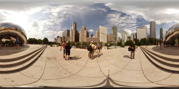 Cloud Gate sculpture Chicago 360vr image Chicago, IL, USA - August 8, 2017: Cloud Gate sculpture Chicago 360vr image millennium park stock pictures, royalty-free photos & images