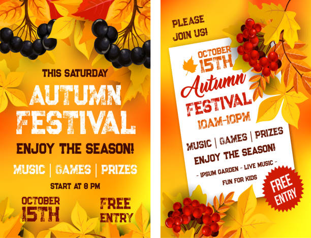 Autumn festival vector poster of leaf fall Autumn festival or live music event invitation poster template with date in garden park. Vector October seasonal event flyer design of autumn leaves of maple, oak acorn and rowan berry harvest poplar tree audio stock illustrations