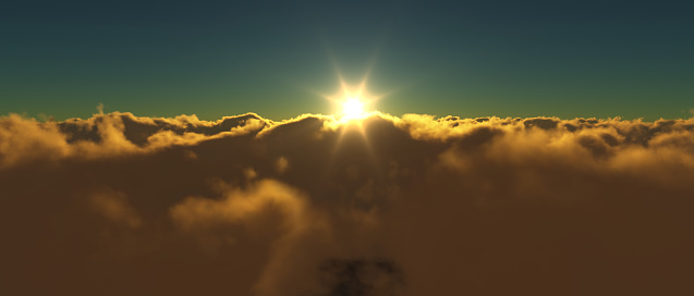 View of a cloudy sunrise while flying above the clouds. 3D illustration