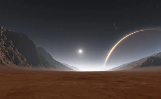 Sunset on Exoplanet, Extrasolar planet. 3D rendering
