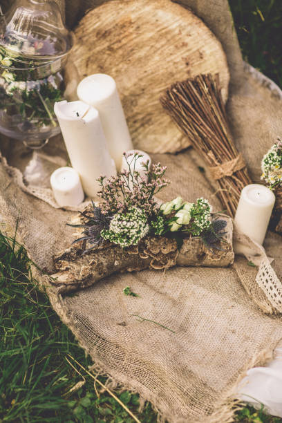 istock wedding candles wedding composition on the grass 831505892