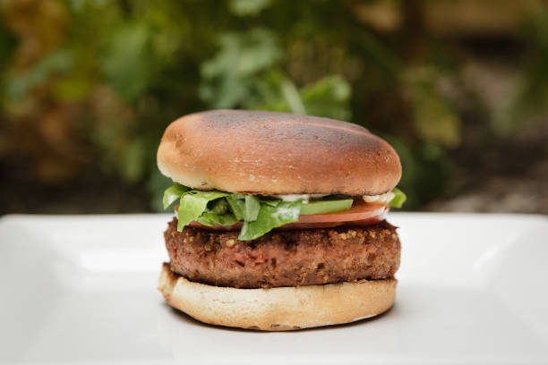 istock close-up,macrophotography,horizontalOrganic burger made with Beyond Meat Beyond Burger Veggie pattie in the garden 831518048