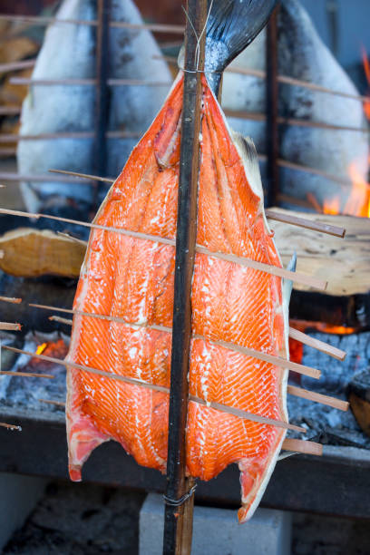istock Fresh Grilled or Roasted Salmon Barbecue, Outdoor Fire Pit 831522126