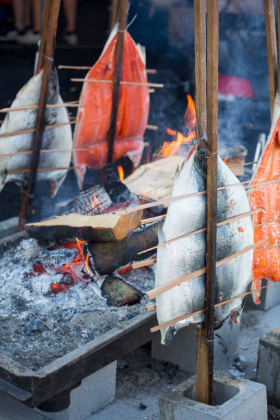 istock Fresh Grilled or Roasted Salmon Barbecue, Outdoor Fire Pit 831522150