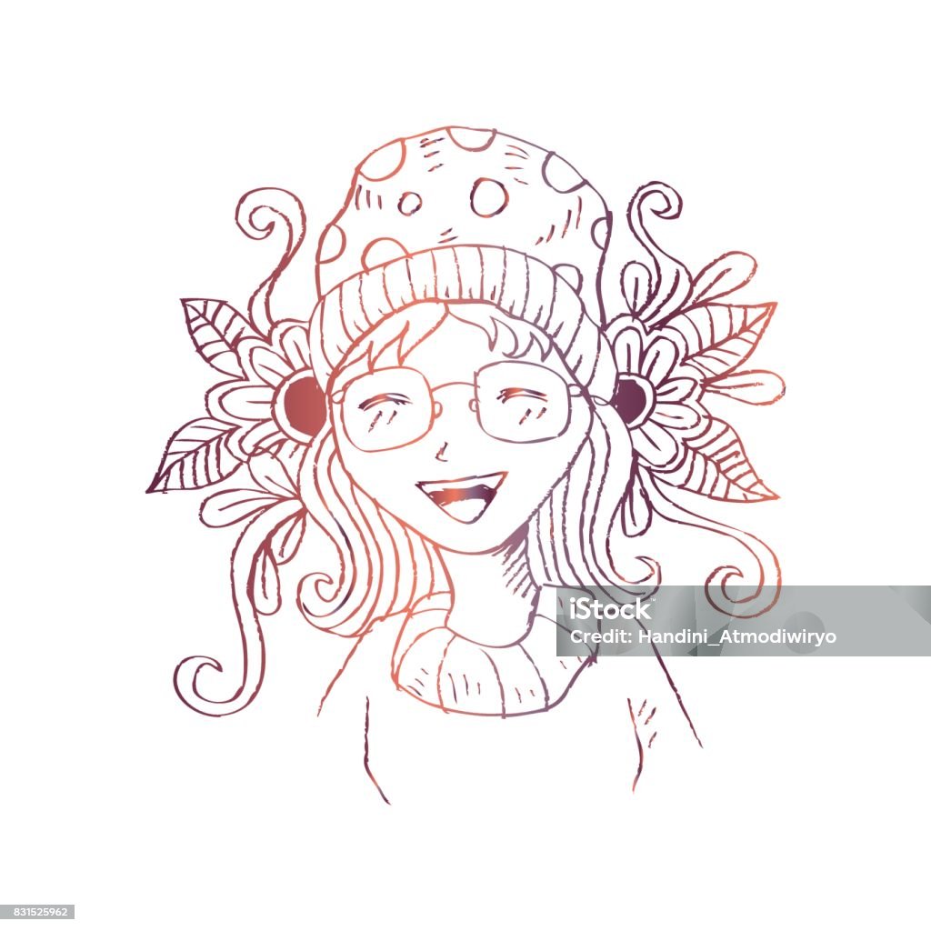 Portrait of Cute Drawing Girl . Sketchy style. Adult stock vector