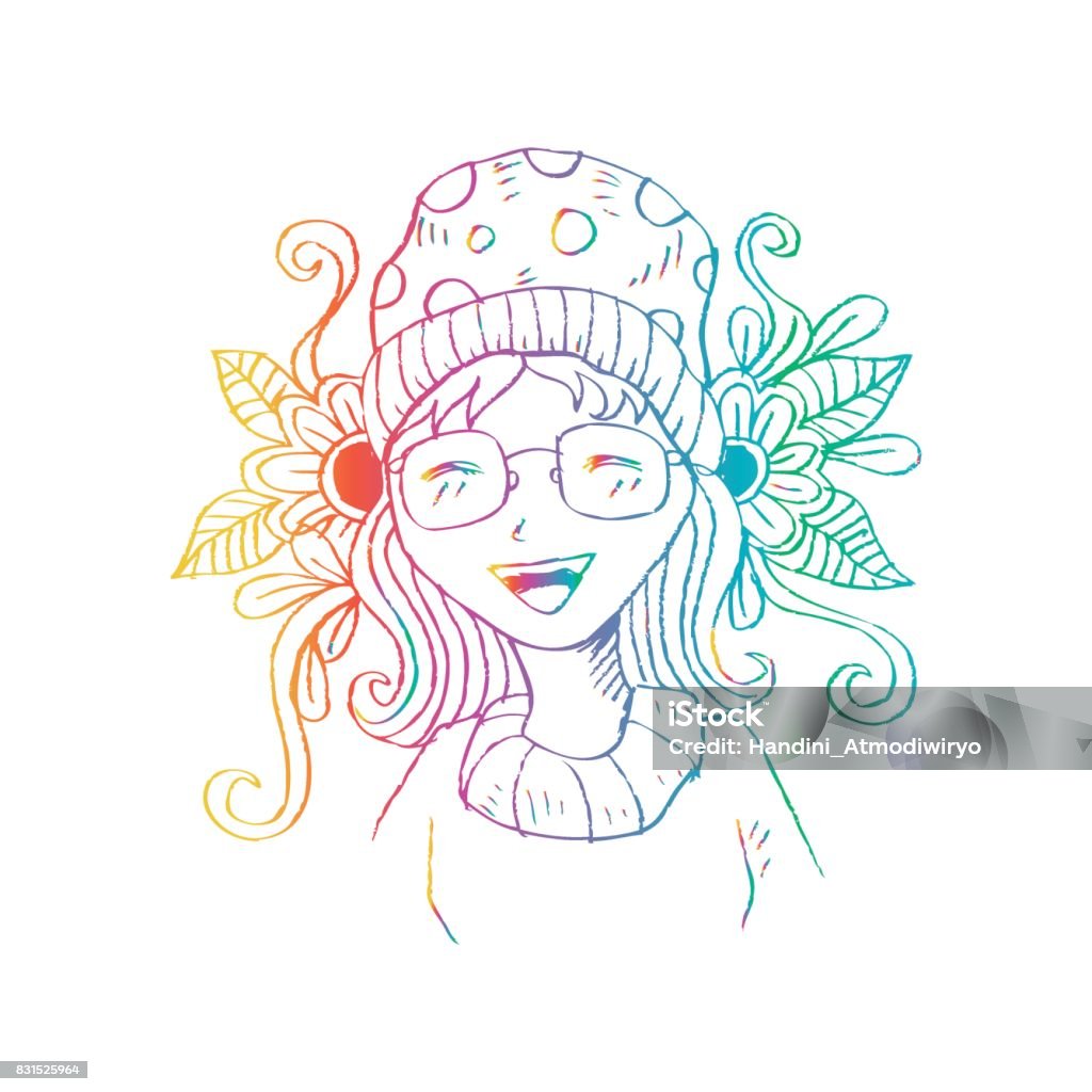 Portrait of Cute Drawing Girl . Sketchy style. Adult stock vector