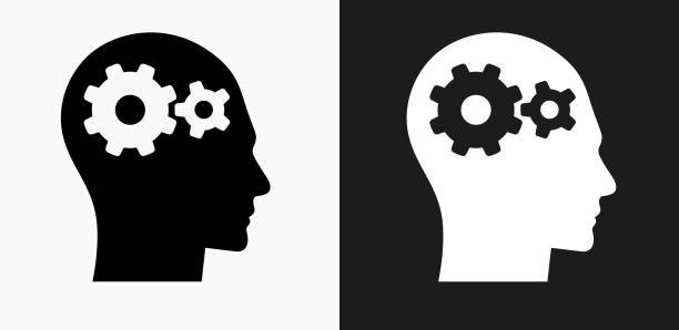 Gears in the Mind Icon on Black and White Vector Backgrounds Gears in the Mind Icon on Black and White Vector Backgrounds. This vector illustration includes two variations of the icon one in black on a light background on the left and another version in white on a dark background positioned on the right. The vector icon is simple yet elegant and can be used in a variety of ways including website or mobile application icon. This royalty free image is 100% vector based and all design elements can be scaled to any size. gears icon white stock illustrations