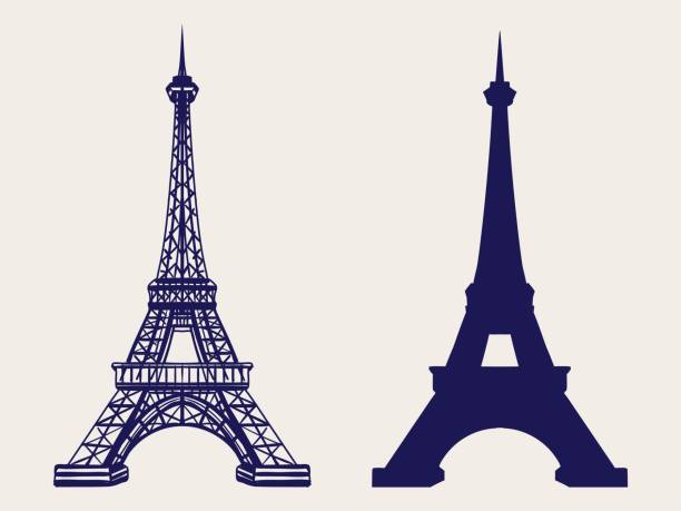 에펠 탑 실루엣과 스케치 아이콘 - paris france eiffel tower tower retro revival stock illustrations