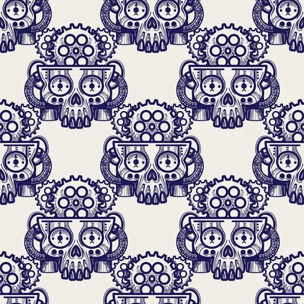 Vector illustration of Robot skull with gears seamless pattern