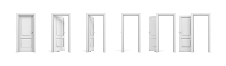 3d rendering set of white wooden doors in different stages of opening. Entrance and doorways. Indoor interior. Closed and open way.