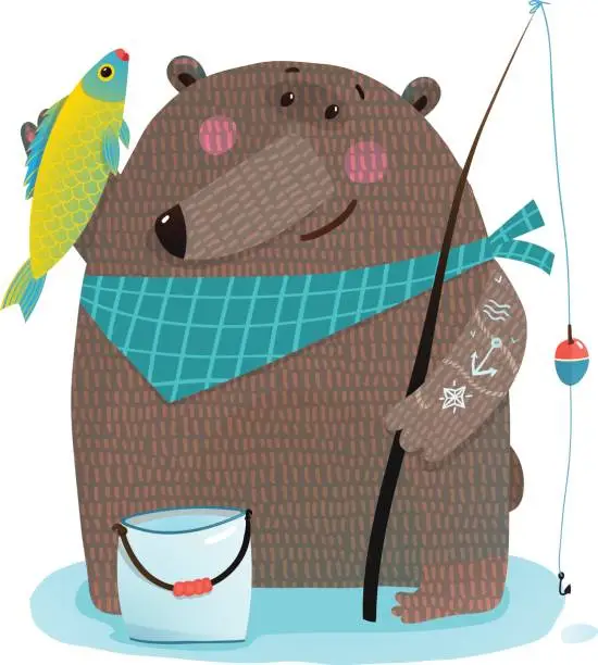 Vector illustration of Bear fisherman with fishing rod catching fish