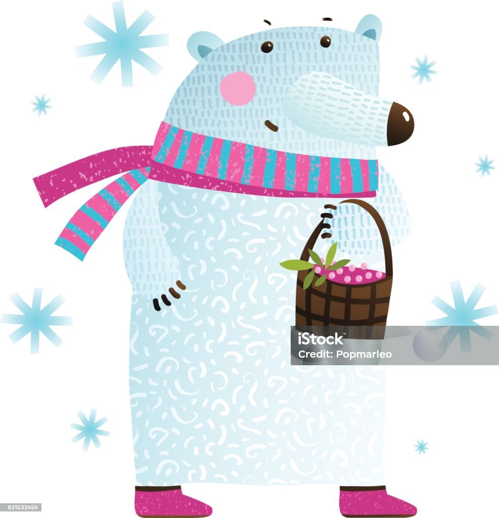 White Bear with Berries and Snowflakes Polar bear with basket of berries cartoon. Vector illustration. Animal stock vector