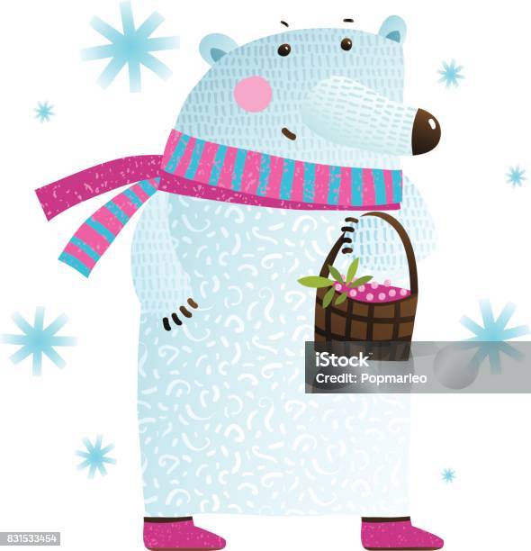 White Bear With Berries And Snowflakes Stock Illustration - Download Image Now - Animal, Animal Wildlife, Animals In The Wild
