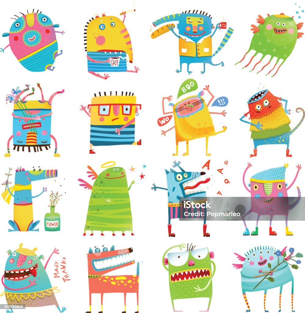 Cartoon colorful Monsters for Kids Big Collection Funny iimaginary monsters design elements clip art on white. EPS10 vector has no background color. Child stock vector