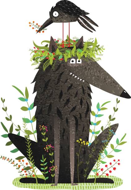 Black Wolf and Crow Sitting on Head Friendship Adorable friends in the forest cartoon. Vector illustration. crows nest stock illustrations