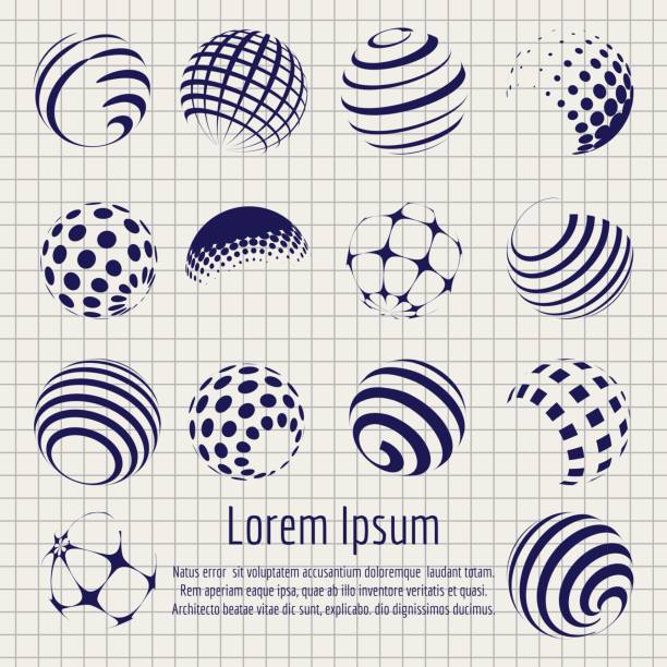 Abstract halftone spheres set sketch Abstract halftone spheres or beads set on notebook page. Vector illustration planet globe sphere earth stock illustrations