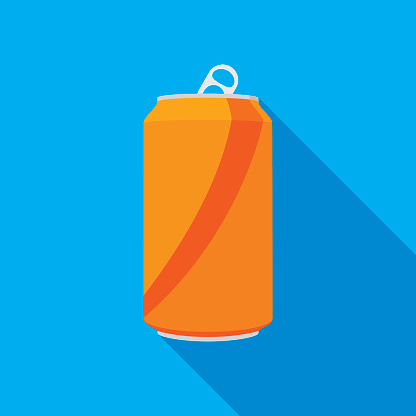 Vector illustration of an orange soda can against a blue background in flat style.