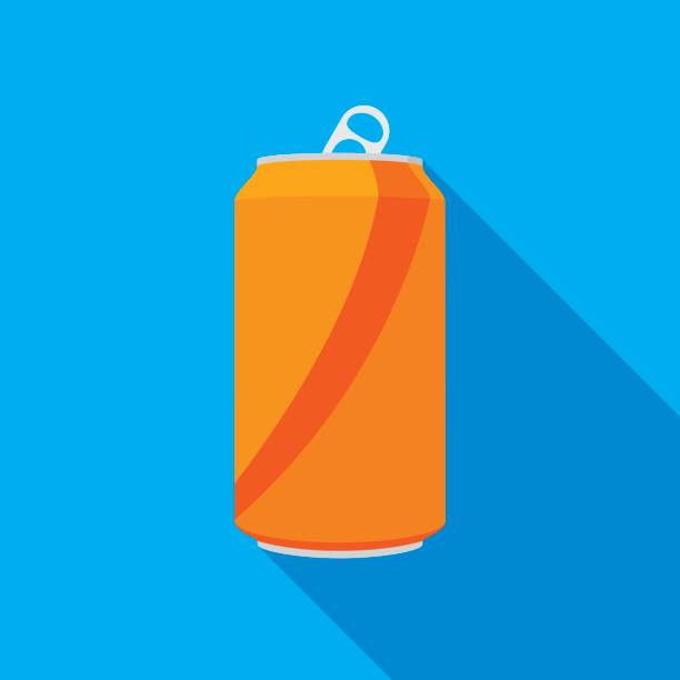 Soda Can Icon Vector illustration of an orange soda can against a blue background in flat style. cold drink illustrations stock illustrations