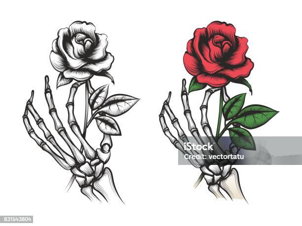 Rose Flower In Human Skeleton Hand Stock Illustration - Download Image Now - Rose - Flower, Tattoo, Human Skeleton