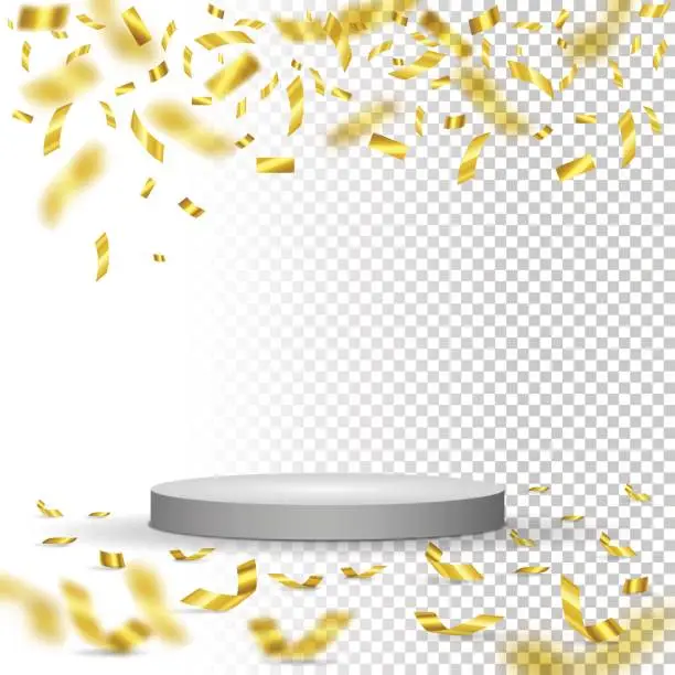 Vector illustration of White winner podium with falling golden confetti. Vector illustration.