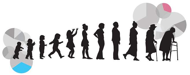 A vector silhouette illustration of the aging process of a girl baby to old woman.
