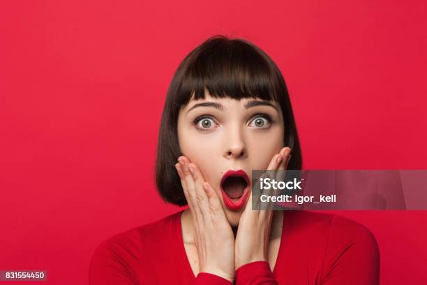 Astonished Young Female Surprise Emotion Stock Photo - Download Image Now - Surprise, Human Face, Women