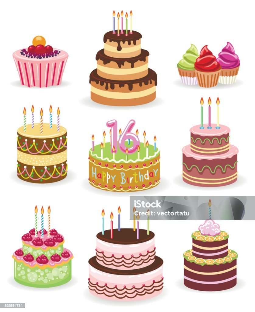 Birthday Cake Set Isolated On White Stock Illustration - Download ...