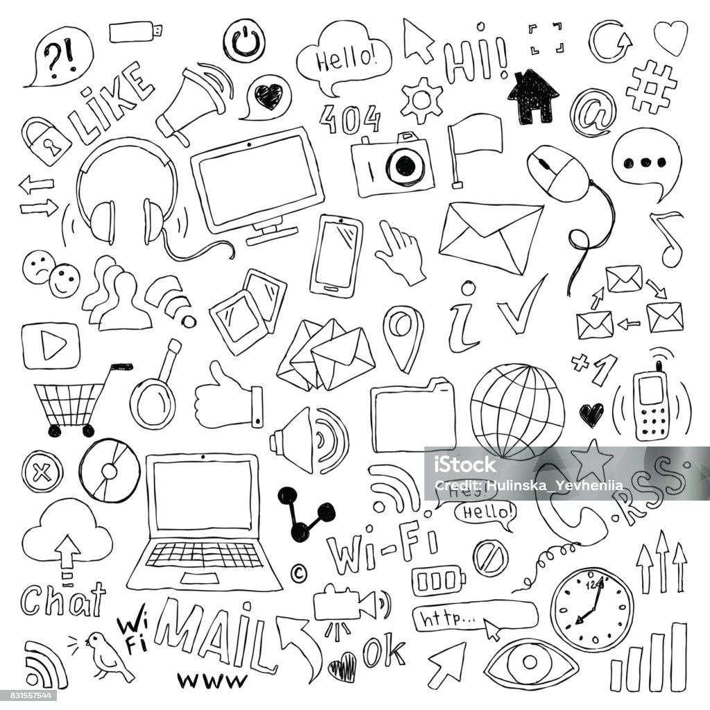 big set of hand drawn doodle cartoon objects and symbols on the Social Media theme. big set of hand drawn doodle cartoon objects and symbols on the Social Media theme Drawing - Activity stock vector