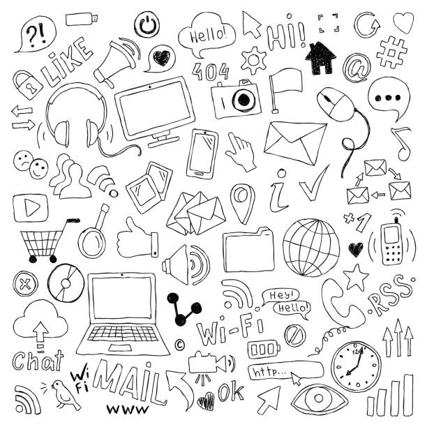 big set of hand drawn doodle cartoon objects and symbols on the Social Media theme. big set of hand drawn doodle cartoon objects and symbols on the Social Media theme mouse pointer illustrations stock illustrations