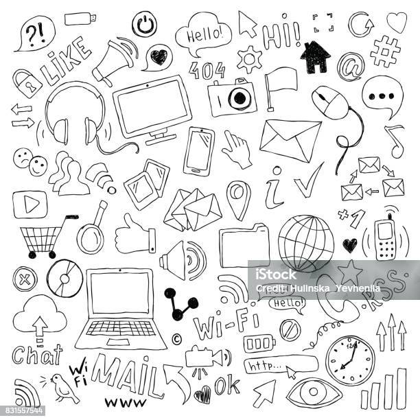 Big Set Of Hand Drawn Doodle Cartoon Objects And Symbols On The Social Media Theme Stock Illustration - Download Image Now