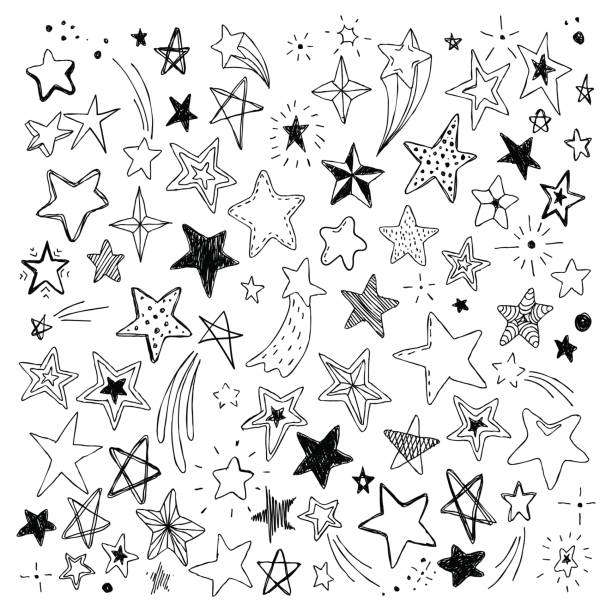 illustrazioni stock, clip art, cartoni animati e icone di tendenza di grande set di stelle doodle disegnate a mano in bianco e nero isolato sullo sfondo - falling star illustrations