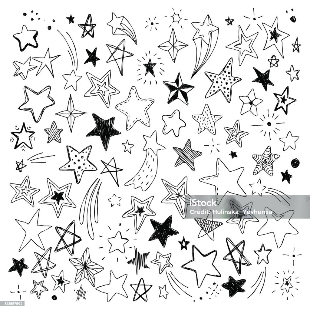 big set of hand drawn doodle stars black and white isolated on background big set of hand drawn doodle stars black and white isolated on background. Star Shape stock vector