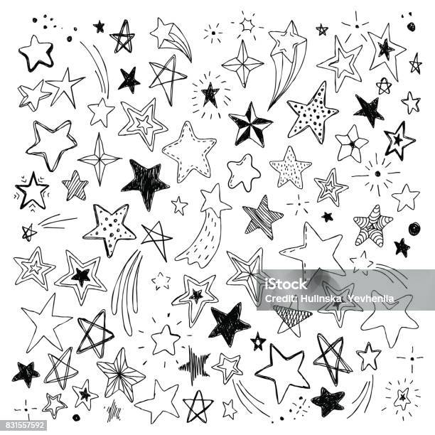 Big Set Of Hand Drawn Doodle Stars Black And White Isolated On Background Stock Illustration - Download Image Now