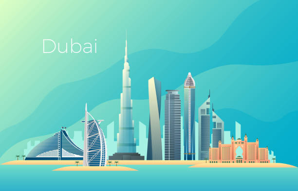 ilustraciones, imágenes clip art, dibujos animados e iconos de stock de paisaje de la ciudad de dubai. señal de vector de emiratos arquitectura paisaje - east facade