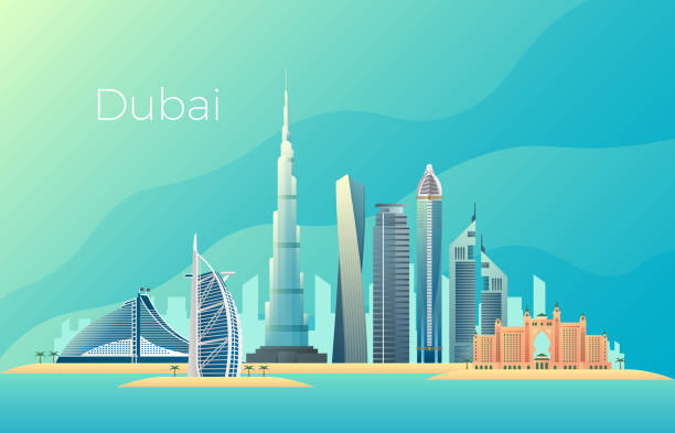 ilustrações de stock, clip art, desenhos animados e ícones de dubai city landscape. emirates architecture cityscape vector landmark - dubai