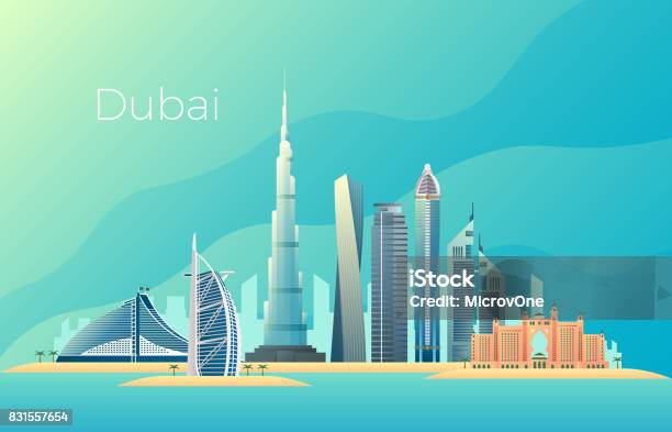 Dubai City Landscape Emirates Architecture Cityscape Vector Landmark Stock Illustration - Download Image Now