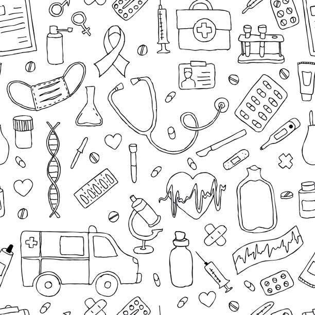 illustrations, cliparts, dessins animés et icônes de médecine de doodle motif sans couture dessinés à la main. dessinés à la main - child illness doctor medicine